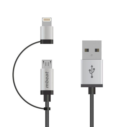 MBEAT (LS) mbeat 1m Lightning and Micro USB Data Cable - 2-in-1/Aluminmum Shell Crush-Proof/Nylon Braided/Silver/ Apple/Andriod Tablet Mobile Device, ICAB21-1S