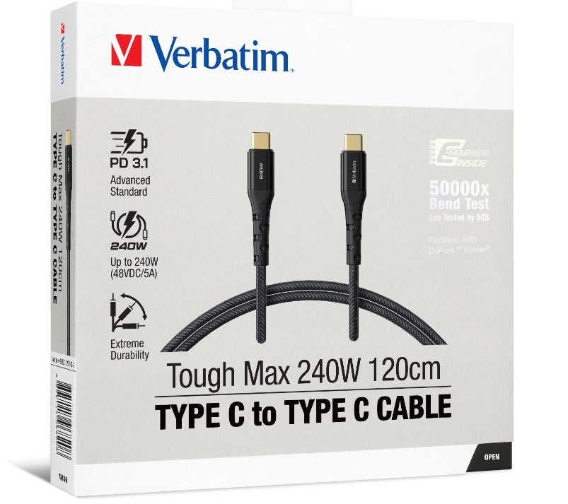 Verbatim Cable 240W USB-C to USB-C 120CM, PD 3.1 and QC 3.0 and 4.0 Premium Cable, 66820