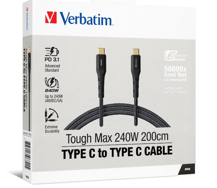Verbatim Cable 240W USB-C to USB-C 200CM PD 3.1 and QC 3.0 and 4.0 Premium Cable, 66821