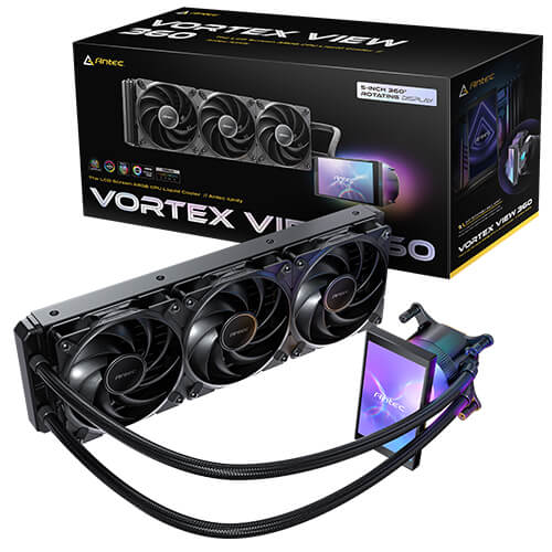 Antec Vortex View 360, 360mm AIO, Intel LGA115X/1200/1700/1851, AMD AM4/AM5, 3x120mm PWM fans, 2000 RPM, 59.23 CFM, <=28.6 dB(A), aluminum rad