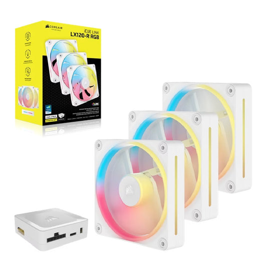 Corsair iCUE LINK LX120-R RGB 120mm PWM Reverse Fans Starter Kit Triple Pack - White: 66.7CFM, 2400RPM, 37.7dBA, 0.4A, Static Pressure, Magnetic Dome, CO-9051054-WW
