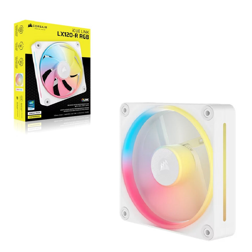Corsair iCUE LINK LX120â€‘R RGB 120 mm PWM Reverse Fan Expansion Single Pack - White: 66.7 CFM, 2400 RPM, 37.7 dBA, 0.4 A,Static Pressure, Magnetic Dome, CO-9051053-WW