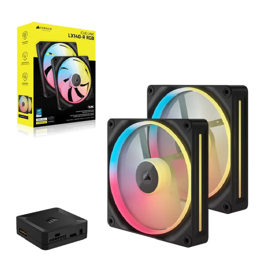 Corsair iCUE LINK LX140-R RGB 140mm PWM Reverse Fans Starter Kit Dual Pack -Black: 90.6 CFM, 2000 RPM, 38.3 dBA, 0.45A, Static Pressure, Magnetic Dome, CO-9051052-WW