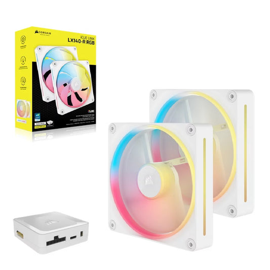 Corsair iCUE LINK LX140-R RGB 140mm PWM Reverse Fans Starter Kit Dual Pack -White: 90.6 CFM, 2000 RPM, 38.3 dBA, 0.45A, Static Pressure, Magnetic Dome, CO-9051056-WW