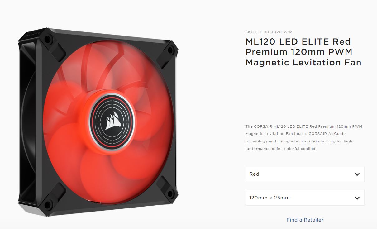 Corsair ML ELITE Series, ML120 LED ELITE, 120mm Magnetic Levitation Red LED Fan with AirGuide, Single Pack (LS), CO-9050120-WW