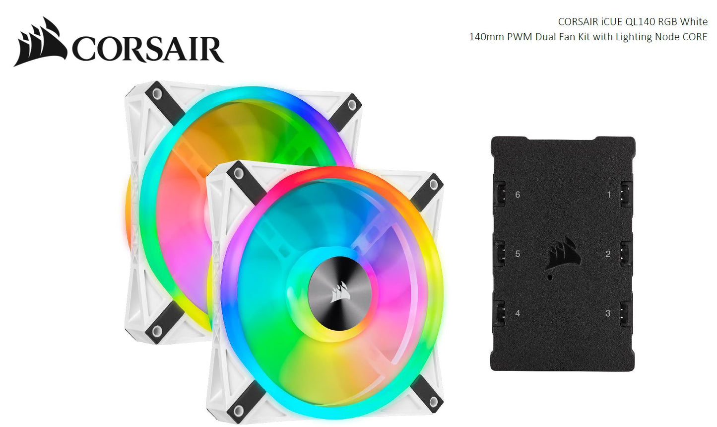 Corsair QL140 RGB White Dual Fan Kit with Lighting Node Core, ICUE, 140mm RGB LED PWM Fan 26dBA, 50.2 CFM, 2 Fan Pack, CO-9050106-WW
