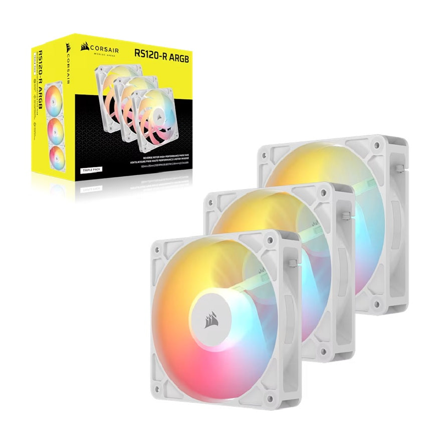 Corsair RS120-R ARGB 120mm PWM Reverse Fans Triple Pack - White, 3x RGB Fans, 2100 RPM, 65.82 CFM, Static Pressure, Magnetic Dome Bearing, PWM Control, CO-9050197-WW