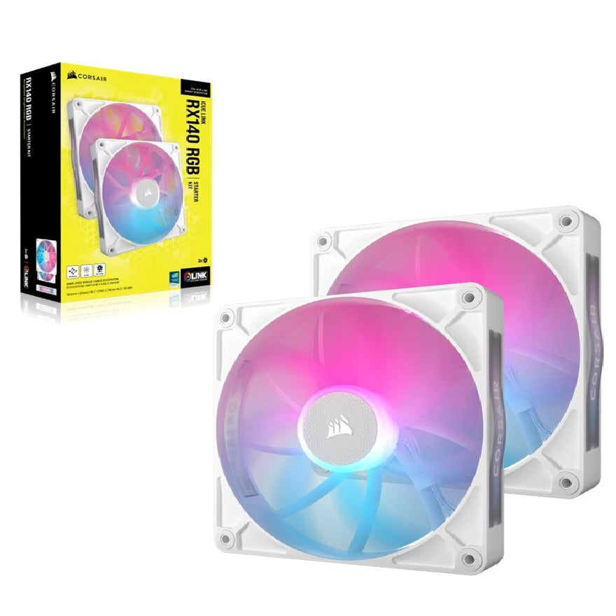 Corsair RX140 RGB White ICUE Link 140mm PWM Dual Fan Kit. 2x Fans, Connectors. 1 x ICUE Link Hub, 60mm Cable 90 Degress, Link Cab., CO-9051024-WW
