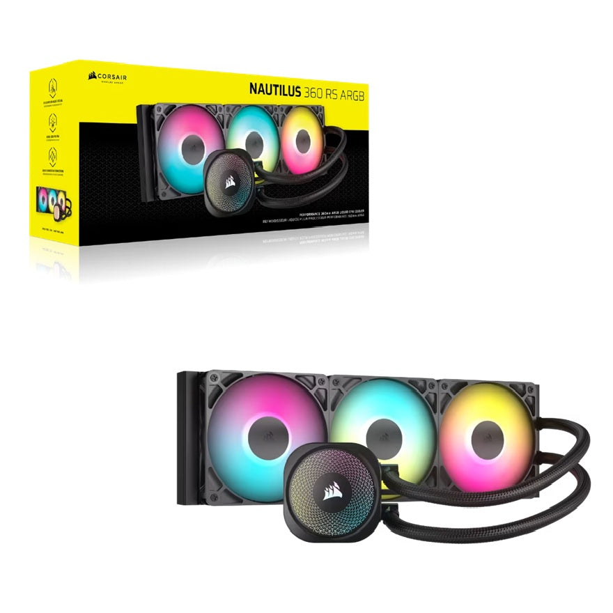 Corsair NAUTILUS 360 RS ARGB Liquid CPU Cooler, Aluminum Rad, Copper Cold Plate, PWM Fan Control, 1700 RPM, 360mm rad, 450mm Tubing, 3x Fans, CW-9060093-WW