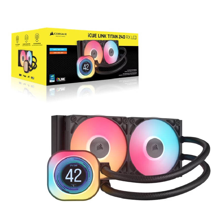Corsair iCUE LINK TITAN 240 RX LCD Liquid CPU Cooler - Black: 73.5 CFM, 2100 RPM, 36 dBA, Aluminum Radiator, Copper Cold Plate, Intel/AMD Support, CW-9061022-WW