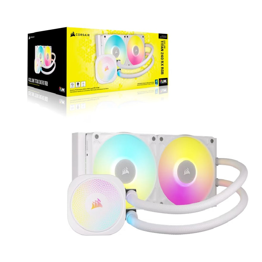 Corsair iCUE LINK TITAN 240 RX RGB AIO Liquid CPU Cooler - White, 73.5 CFM, 2100 RPM, Aluminum Radiator, Copper Cold Plate, Intel/AMD Support, CW-9061020-WW
