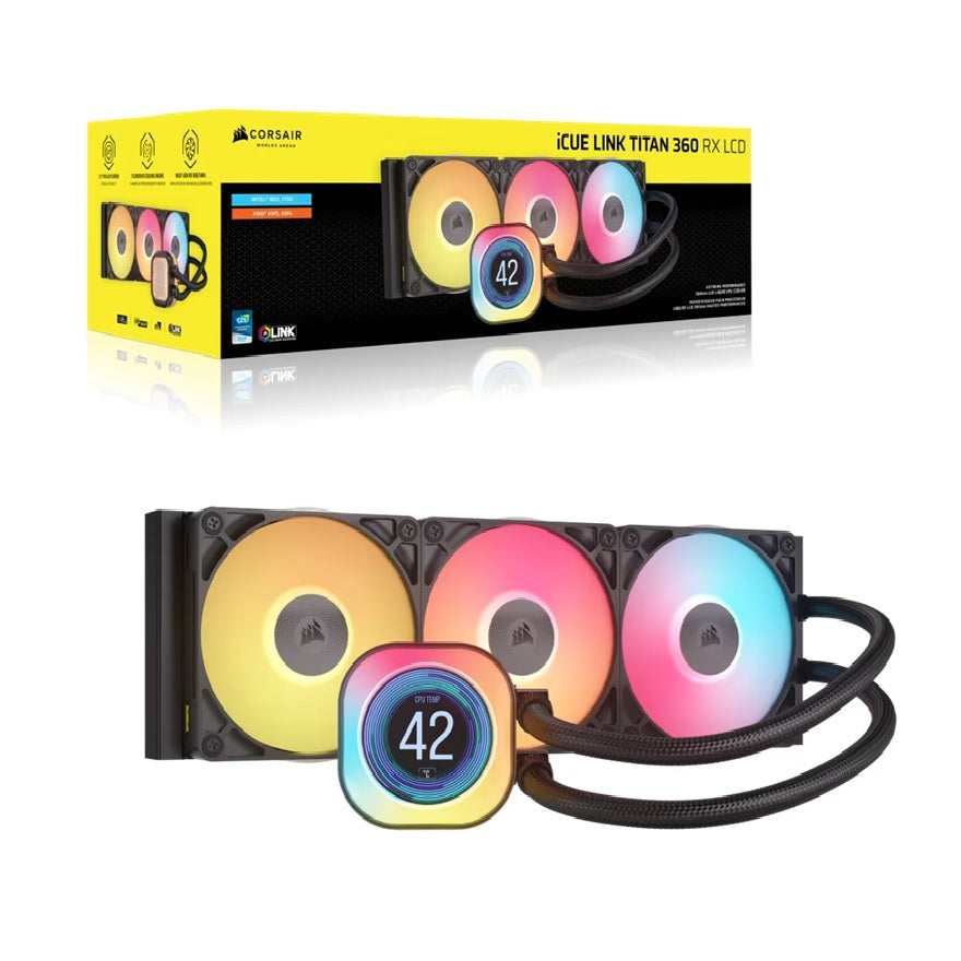Corsair iCUE LINK TITAN 360 RX LCD Liquid CPU Cooler - Black: 73.5 CFM, 2100 RPM, 36 dBA, Aluminum Radiator, Copper Cold Plate, Intel/AMD Support, CW-9061023-WW