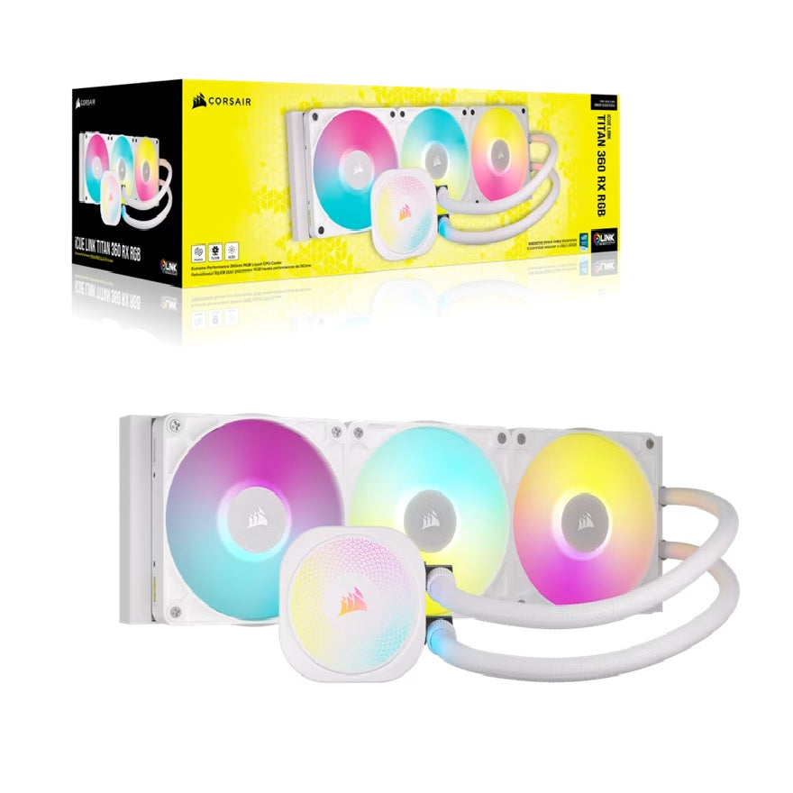 Corsair iCUE LINK TITAN 360 RX RGB AIO Liquid CPU Cooler - White: 73.5 CFM, 2100 RPM, Aluminum Radiator, Copper Cold Plate, Intel/AMD Support
