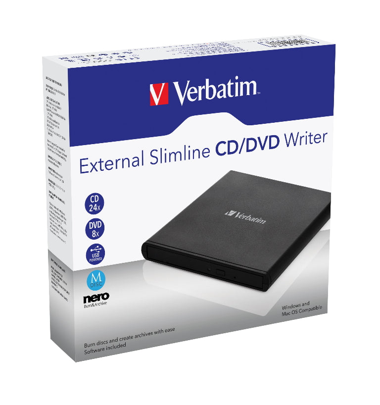 Verbatim External Slimline DVD / CD Writer, Burner, Reader, Player, Ultra Portable for Notebooks, Nero Software, USB Powered Black Mobile, Retail 2025, 98938