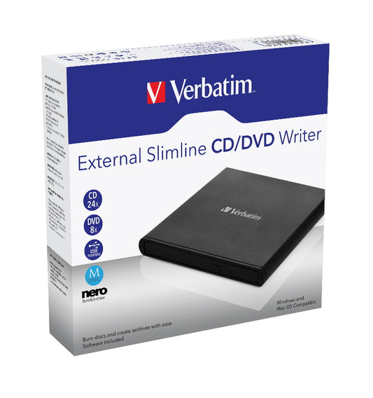 Verbatim External Slimline DVD / CD Writer, Burner, Reader, Player, Ultra Portable for Notebooks, Nero Software, USB Powered Black Mobile, Retail 2025, 98938
