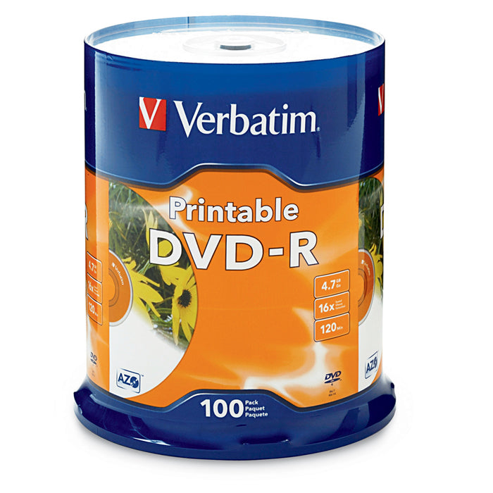Verbatim DVD-R 4.7GB 100Pk White InkJet 16x, Compatible for Full-Surface, Edge-to-Edge Printing, Superior ink absorption on high-resolution 5,760 DPI, 95153