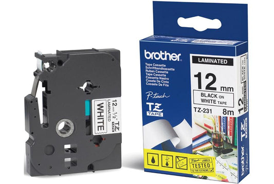 Brother 12mm Black on White TZE Tape, TZE-231