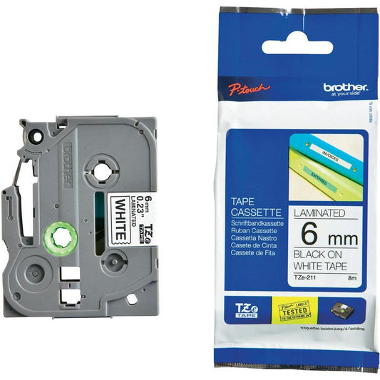 Brother 6mm Black on White TZE Tape, TZE-211
