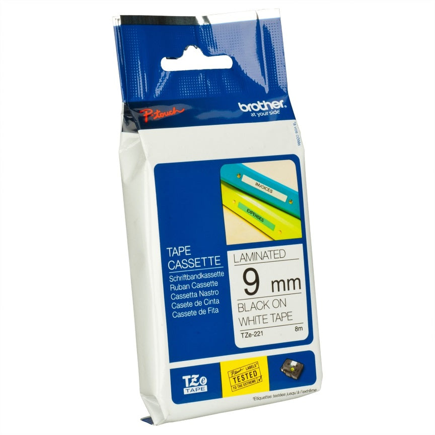 Brother 9mm Black on White TZE Tape, TZE-221
