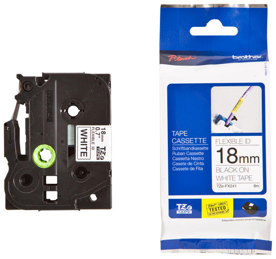 Brother 18mm Black on White FlexibleTZE Tape, TZE-FX241