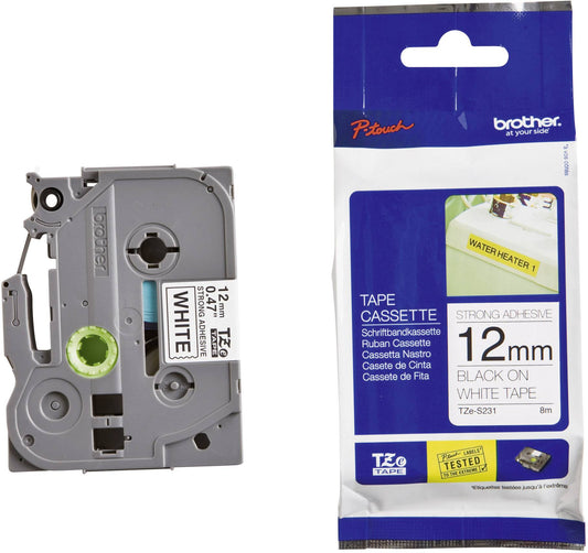 Brother 12mm Black on White Strong Adhesive TZE Tape, TZE-S231