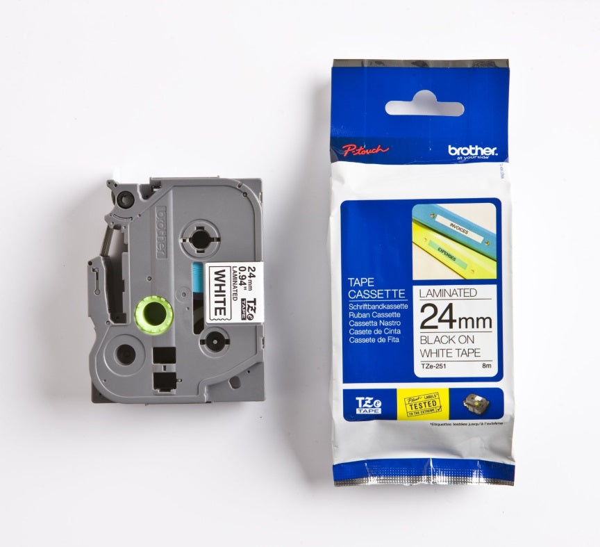 Brother 24mm Black on White TZE Tape, TZE-251