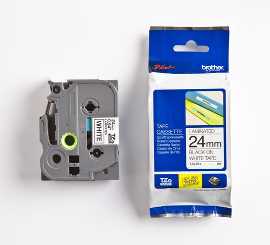 Brother 24mm Black on White TZE Tape, TZE-251