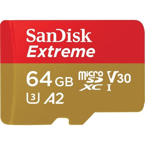 SanDisk Extreme microSDXC, SQXAH 64GB, V30, U3, C10, A2, UHS-I, 170MB/s R, 80MB/s W, 4x6, SD adaptor, Lifetime Limited, Action Cam/Drone SKU, SDSQXAH-064G-GN6AA