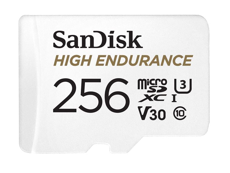 SanDisk High Endurance 256GB microSD 100MB/s 40MB/s 20K hrs 4K UHD C10 U3 V30 -40°C to 85°C Heat Freeze Shock Temperature Water X-ray Proof SD Adapter, SDSQQNR-256G-GN6IA