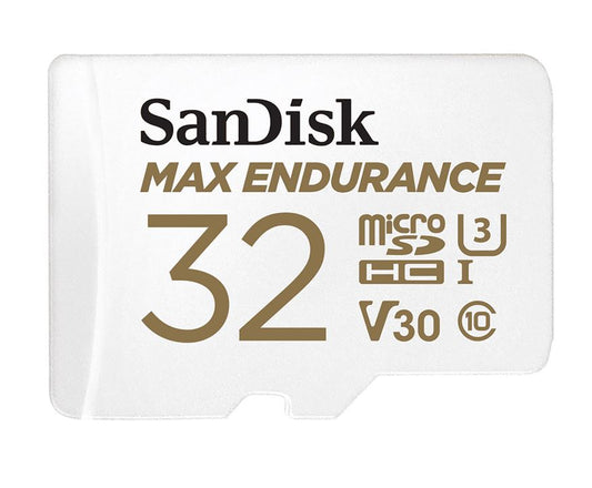 SanDisk Max Endurance 32GB microSD 100MB/s 40MB/s 20K hrs 4K UHD C10 U3 V30 -40°C to 85°C Heat Freeze Shock Temperature Water X-ray Proof SD Adapter, SDSQQVR-032G-GN6IA