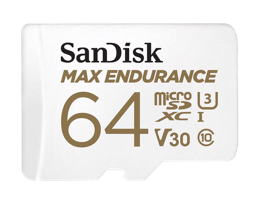 SanDisk Max Endurance 64GB microSD 100MB/s 40MB/s 20K hrs 4K UHD C10 U3 V30 -40°C to 85°C Heat Freeze Shock Temperature Water X-ray Proof SD Adapter, SDSQQVR-064G-GN6IA