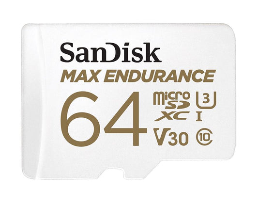 SanDisk Max Endurance 64GB microSD 100MB/s 40MB/s 20K hrs 4K UHD C10 U3 V30 -40°C to 85°C Heat Freeze Shock Temperature Water X-ray Proof SD Adapter, SDSQQVR-064G-GN6IA