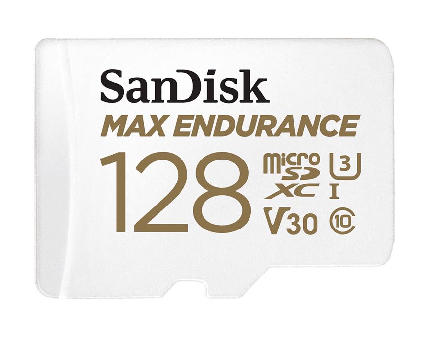 SanDisk Max Endurance 128GB microSD 100MB/s 40MB/s 20K hrs 4K UHD C10 U3 V30 -40°C to 85°C Heat Freeze Shock Temperature Water X-ray Proof SD Adapter, SDSQQVR-128G-GN6IA
