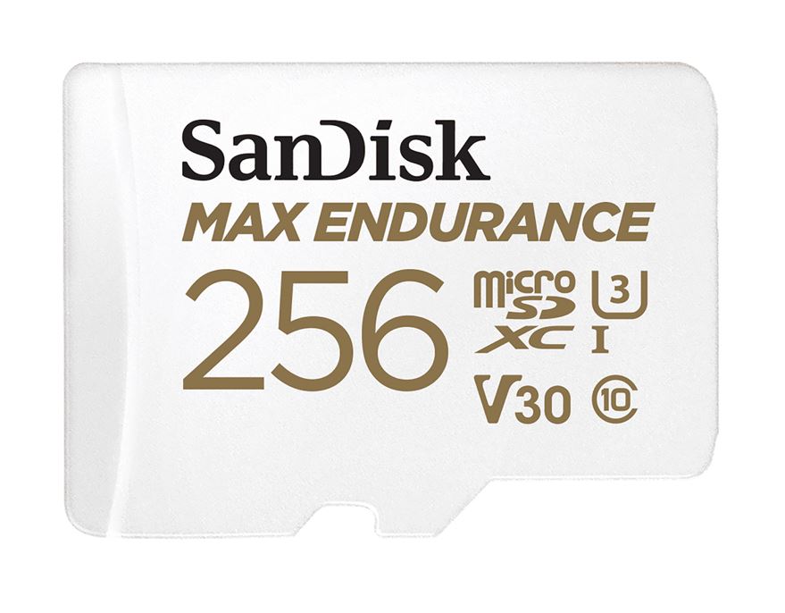 SanDisk Max Endurance 256GB microSD 100MB/s 40MB/s 20K hrs 4K UHD C10 U3 V30 -40°C to 85°C Heat Freeze Shock Temperature Water X-ray Proof SD Adapter, SDSQQVR-256G-GN6IA
