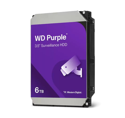 Western Digital WD Purple 6TB 3.5' Surveillance HDD 5400RPM 64MB SATA3 175MB/s 180TBW 24x7 64 Cameras AV NVR DVR 1.5mil MTBF 3yrs, WD64PURZ