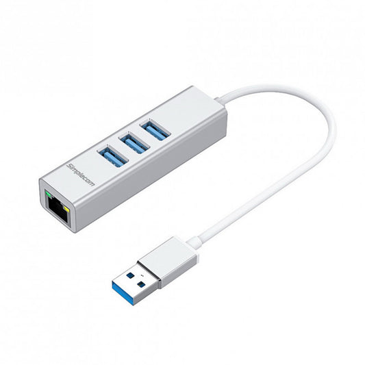 Simplecom CHN420 Silver Aluminium 3 Port SuperSpeed USB HUB with Gigabit Ethernet Adapter, CHN420-SILVER