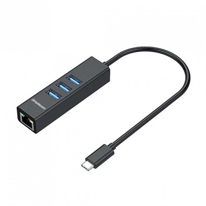 Simplecom CHN421 Black Aluminium USB-C to 3 Port USB HUB with Gigabit Ethernet Adapter, CHN421-BLACK