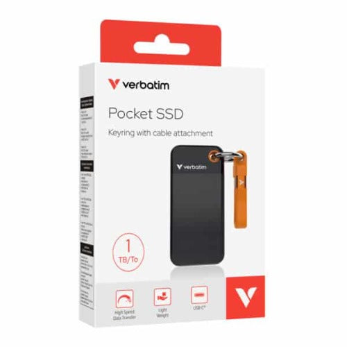 Verbatim 1TB Pocket SSD USB 3.2 Gen 2 1TB Black Orange Convenient Keyring cable holder. Compact, Rugged. Ultra Lightweight Performance 58g Portable B, 32193