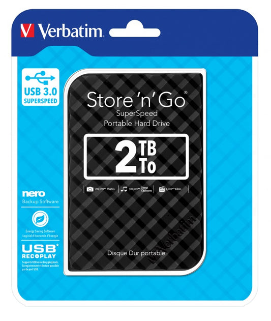 Verbatim 2TB 2.5' USB 3.0 Black Store'n'Go HDD Grid Design, Ultra Portable, High Speed & Capacity. Backup and Store + Nero Backup Software, 53195