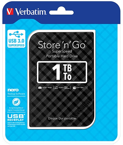 Verbatim 1TB 2.5' USB 3.0 Black Store'n'Go HDD Grid Design, Ultra Portable, High Speed & Capacity. Backup and Store + Nero Backup Software, 53194