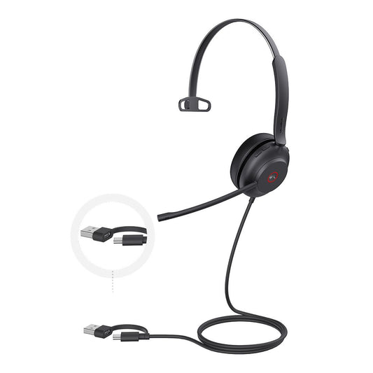 Yealink UH37 Microsoft Teams Certified USB Wired Headset, Mono, USB-C/A, Dual Noise-Cancelling, Busylight, Leather Ear Cushion, HD Audio, UH37-M-MS-C/A