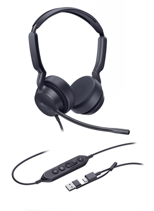 Yealink UH42 Dual Teams USB-C/A Microsoft Certified Teams USB Wired Headset, Noise-Canceling Microphone, Leather Ear Cushions Controller Teams button, UH42-D-MS-C/A