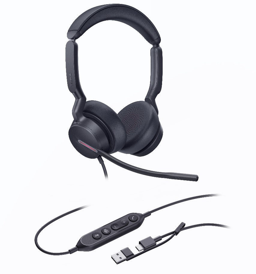 Yealink UH46 Dual Teams USB-C/A Microsoft Certified Teams USB Wired Headset 3-Noise-Canceling Microphones 35mm Speaker Busylight Leather Controller, UH46-D-MS-C/A