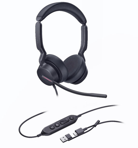 Yealink UH46 Dual Teams USB-C/A Microsoft Certified Teams USB Wired Headset 3-Noise-Canceling Microphones 35mm Speaker Busylight Leather Controller, UH46-D-MS-C/A