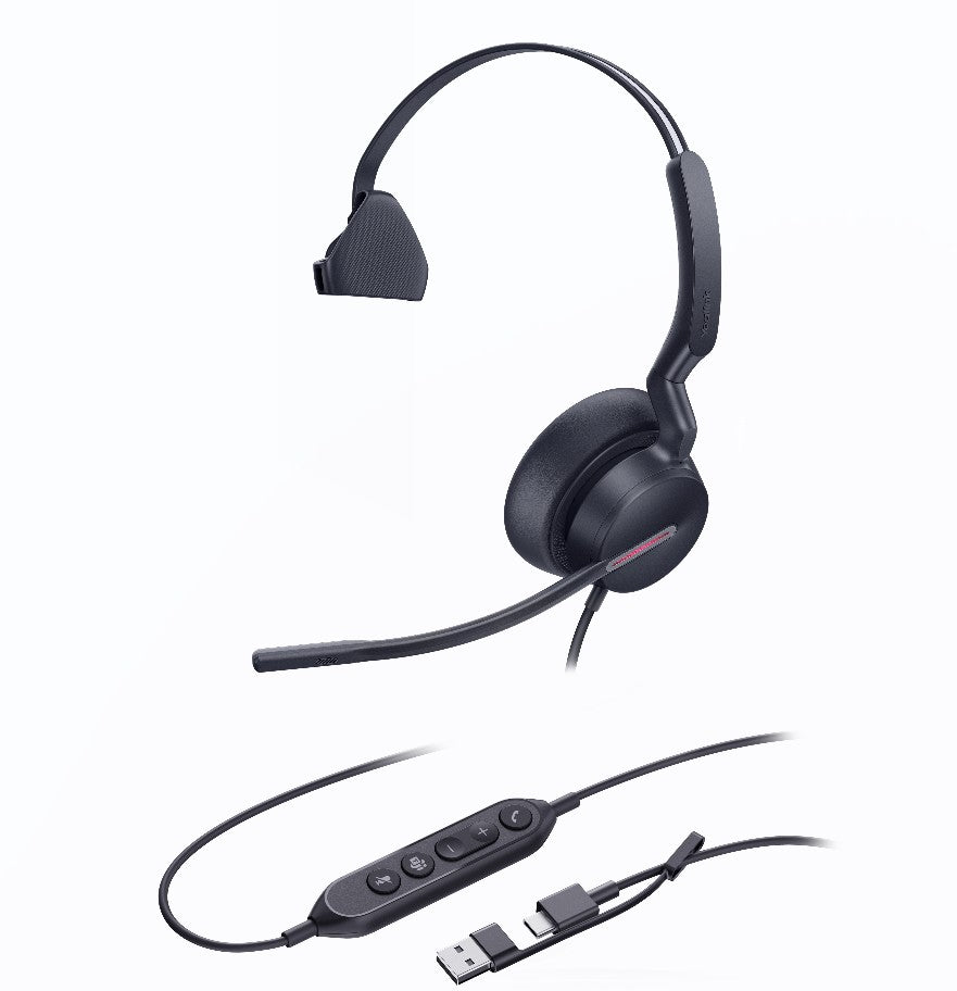 Yealink UH46 Mono Teams USB-C/A Microsoft Certified Teams USB Wired Headset 3-Noise-Canceling Microphones 35mm Speaker Busylight Leather Controller, UH46-M-MS-C/A