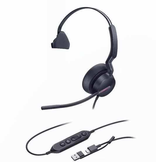 Yealink UH46 Mono Teams USB-C/A Microsoft Certified Teams USB Wired Headset 3-Noise-Canceling Microphones 35mm Speaker Busylight Leather Controller, UH46-M-MS-C/A