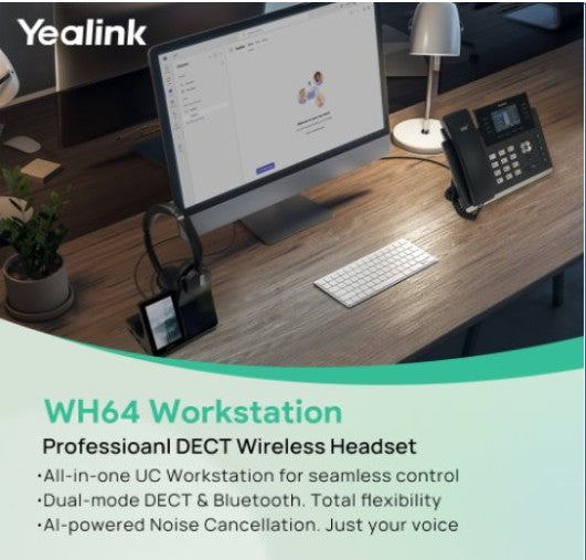 Yealink WH64 Dual Workstation, Yealink WH64 Workstation is an industry-leading DECT wireless headset with dual/single-ear options for seamless desktop, WH64-D-WS