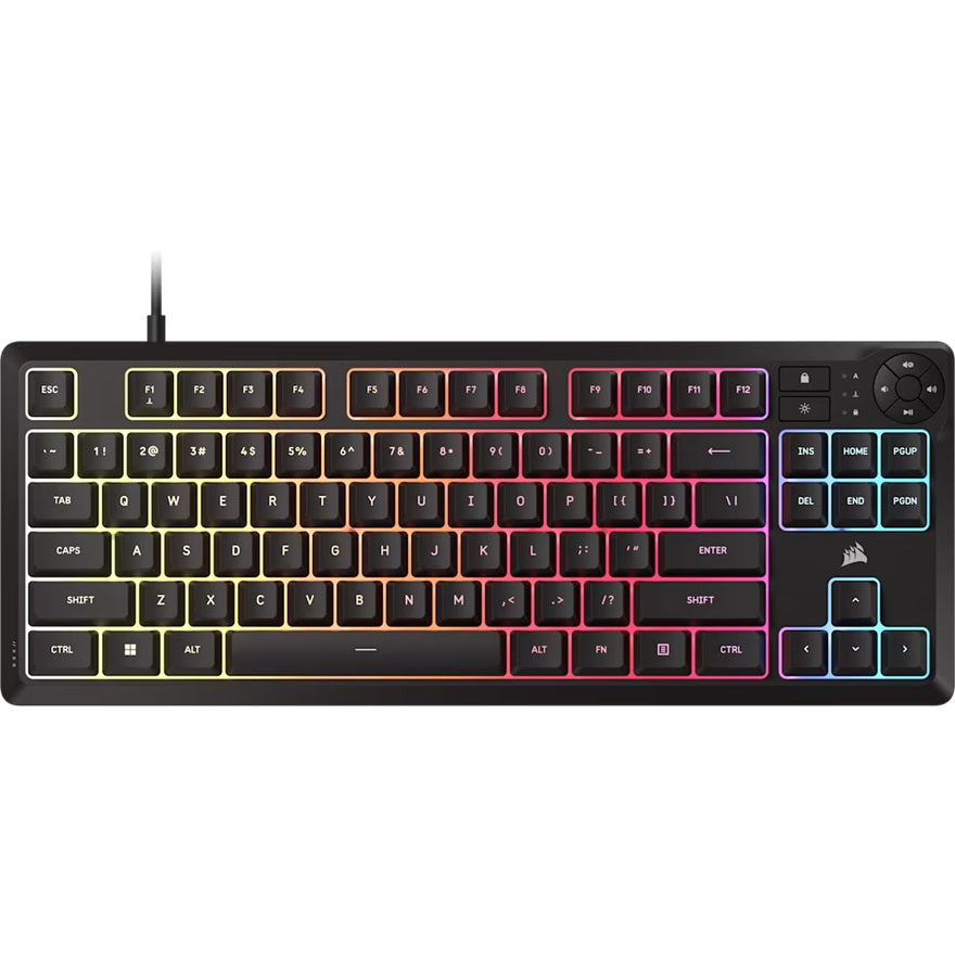 Corsair K55 CORE TKL RGB Gaming Keyboard, 1000Hz, 12KRO, rubber-dome switched, USB 2.0 wired, dedicated media/WIN lock, iCUE support, CH-9216065-NA