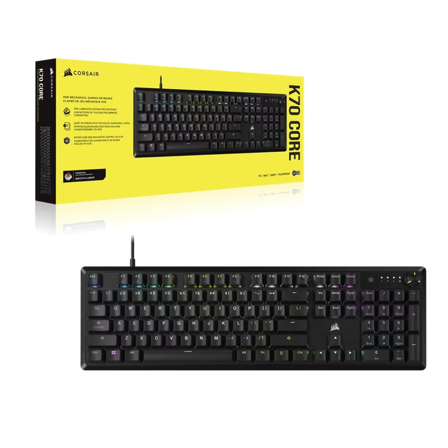 Corsair K70 CORE RGB Mechanical Gaming Keyboard- Black, Full-size, MLX Red switches, NKRO, 1,000Hz, USB wired, iCUE, media controls, PC/Mac compatible, CH-910971E-NA