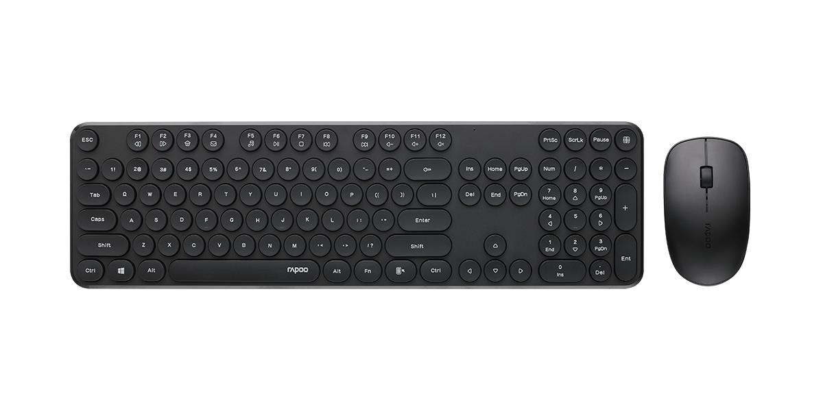 RAPOO Wireless Stylish, Spill-Resistant, Retro Style Round Key, 1000DPI, 2.4G Connection, 10M Range, Nano Receiver, Optical Mouse & Keyboard Black, X260S-BLACK